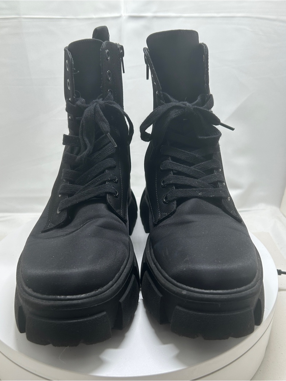 Steve Madden, Thora-P, Black Lugged Sole Combat Moto Boots, Size 9, Side zip